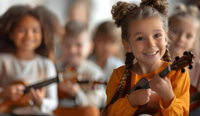 Child engaging in music activities for child development.