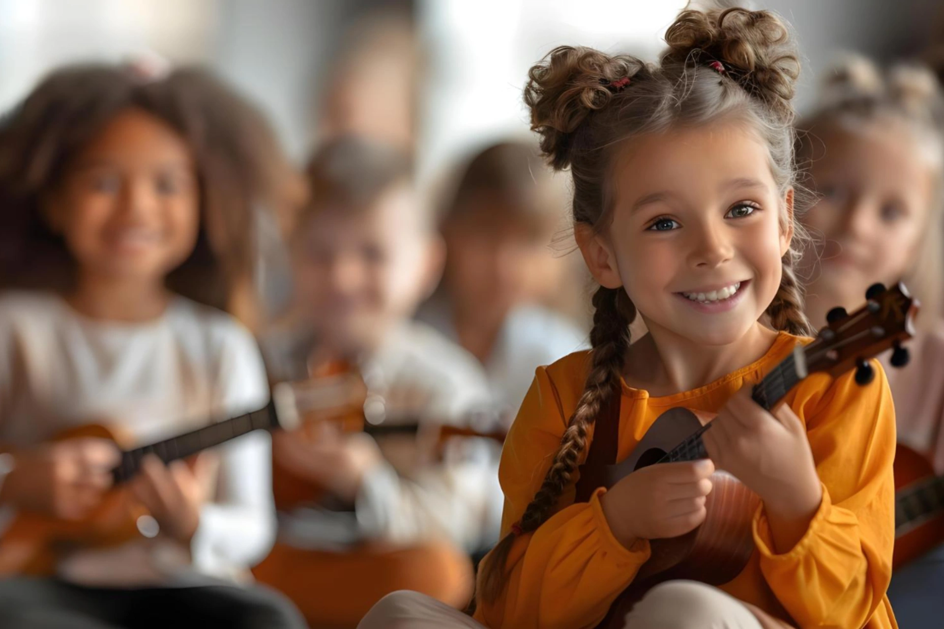 Child engaging in music activities for child development.