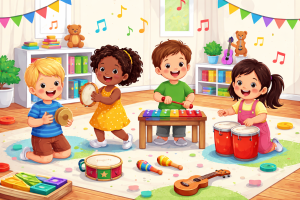 Children playing musical instruments like tambourines, xylophones, and drums in a colorful playroom for Mini Musos Guildford music class.