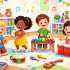 Children playing musical instruments like tambourines, xylophones, and drums in a colorful playroom for Mini Musos Guildford music class.