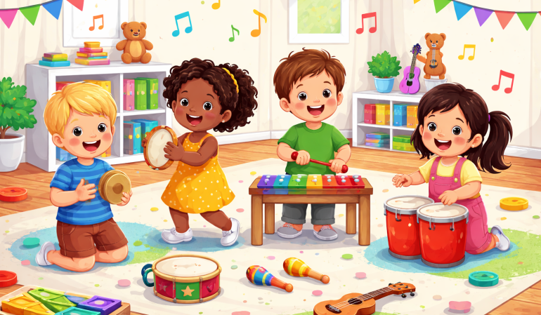 Children playing musical instruments like tambourines, xylophones, and drums in a colorful playroom for Mini Musos Guildford music class.