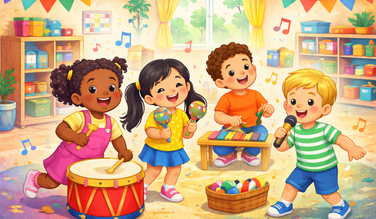 Children enjoying a music class at Mini Musos in Greystanes, playing tambourines, drums, and xylophones.